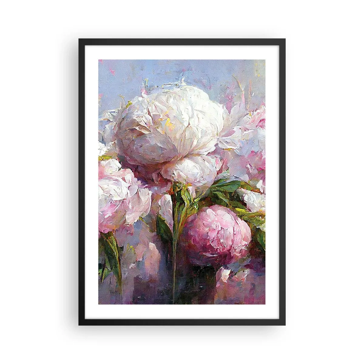 Plakát v černém rámu - Pivoňky v romantické, malířské kompozici - 50x70cm - Kytice překypující životem - Moderní nástěnná dekorace do obývacího pokoje a ložnice ARTTOR