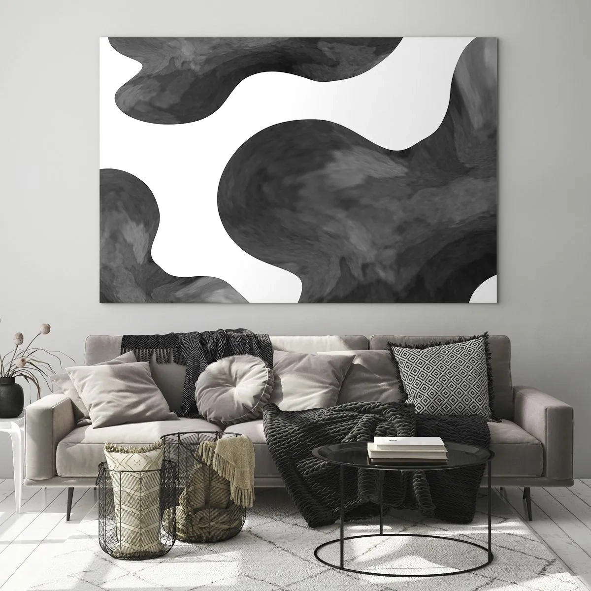 Obraz na skle - Abstraktní tvary v černobílých tónech - 70x50cm - Mléčná dráha - Moderní nástěnná dekorace do obývacího pokoje a ložnice ARTTOR