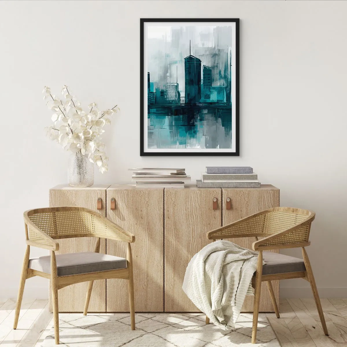 Plakát v černém rámu - Moderní panorama města v odstínech modré - 50x70cm - Město v barvě deště - Moderní nástěnná dekorace do obývacího pokoje a ložnice ARTTOR