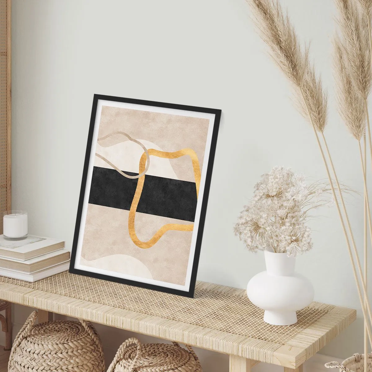 Plakát v černém rámu - Abstraktní kompozice s černým, zlatým a neutrálním pozadím - 50x70cm - Tvary ve smyčce - Moderní nástěnná dekorace do obývacího pokoje a ložnice ARTTOR