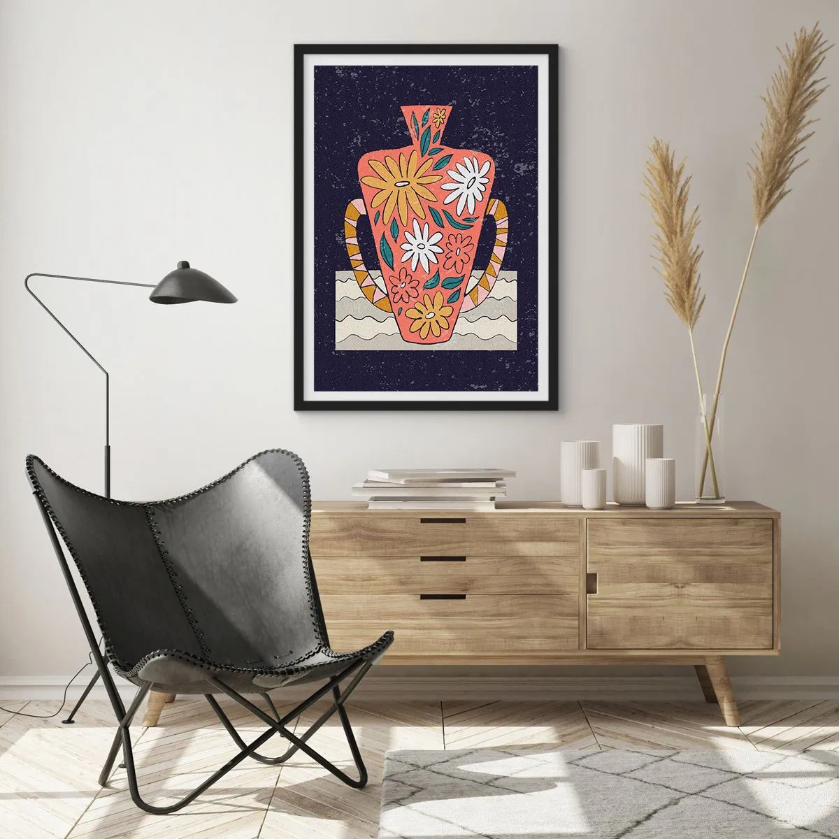 Plakát v černém rámu - Barevná váza s květinovým vzorem na tmavém pozadí - 50x70cm - Malovaný džbán - Moderní nástěnná dekorace do obývacího pokoje a ložnice ARTTOR