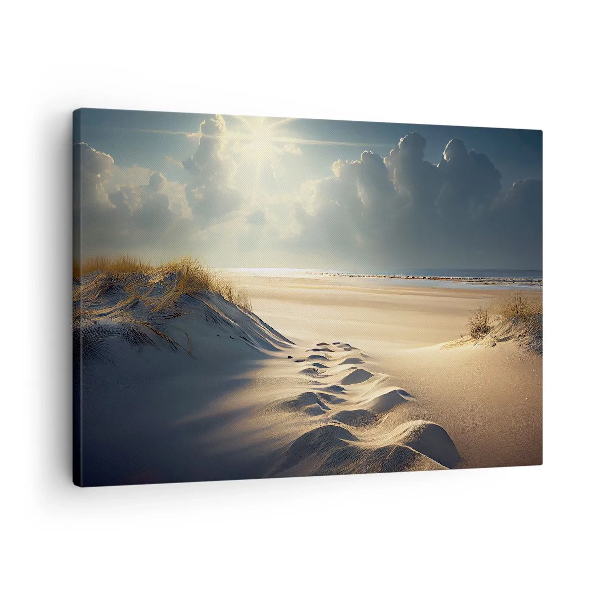 Obraz na plátně - Zlaté duny na pláži při západu slunce s výhledem na moře - 70x50cm - Uklidňující krajina - Moderní nástěnná dekorace do obývacího pokoje a ložnice ARTTOR