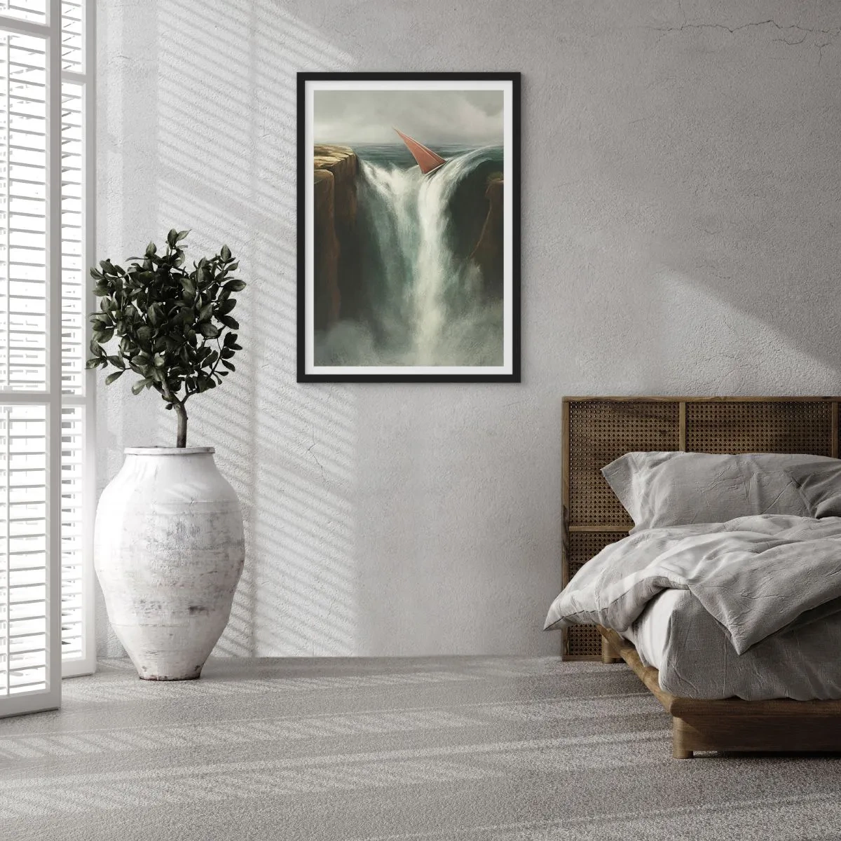 Plakát v černém rámu - Plachetnice padá přes vodopád v surrealistické krajině. - 50x70cm - Životní varování - Moderní nástěnná dekorace do obývacího pokoje a ložnice ARTTOR