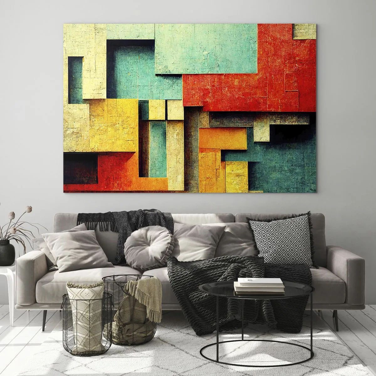 Obraz na skle - Barevná geometrická abstrakce z obdélníků - 70x50cm - Festival pravých úhlů - Moderní nástěnná dekorace do obývacího pokoje a ložnice ARTTOR