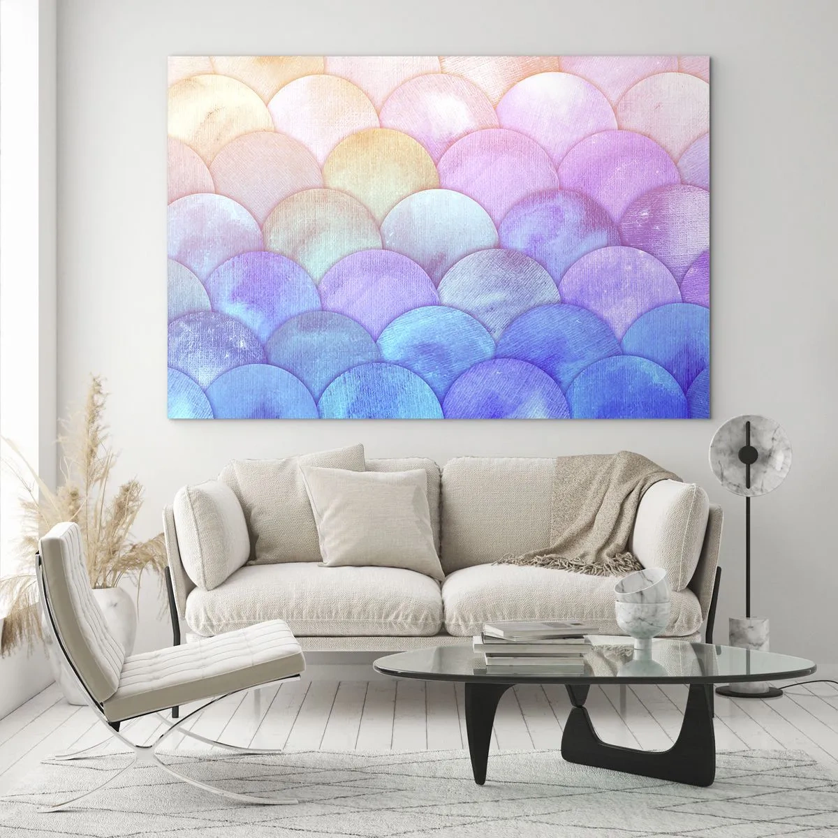 Obraz na skle - Perlové šupiny v pastelových odstínech růžové, modré a fialové - 70x50cm - Perleťová šupina - Moderní nástěnná dekorace do obývacího pokoje a ložnice ARTTOR
